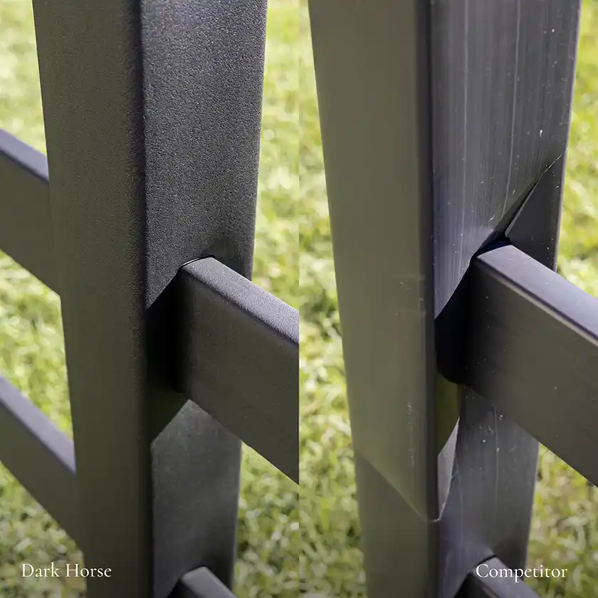 Dark Horse composite fence without cracks versus competitor fence with splitting